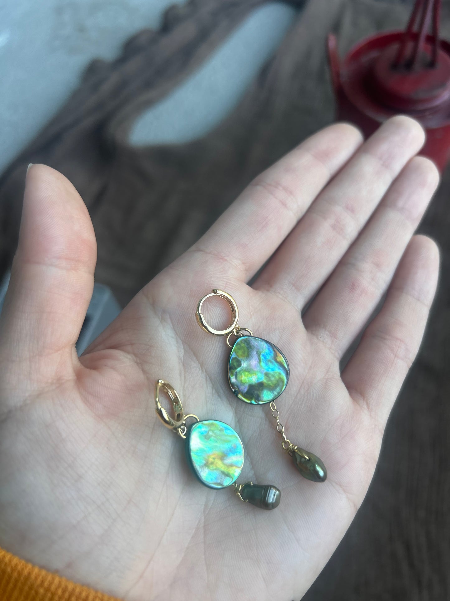 Gold Abalone and Pearl Drop Earrings (1 of 1)