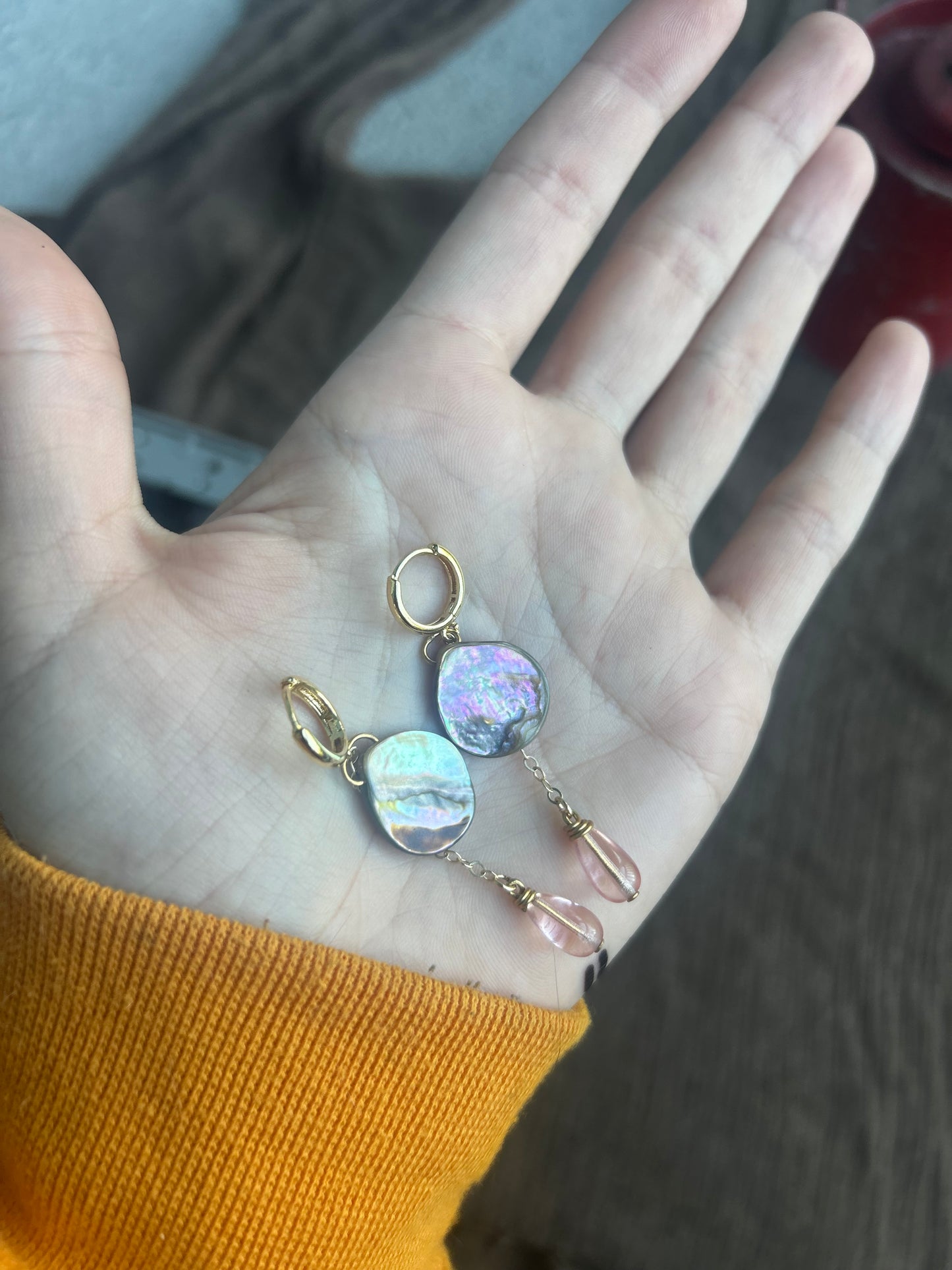 Gold and Pink Abalone Drop Earrings (1 of 1)