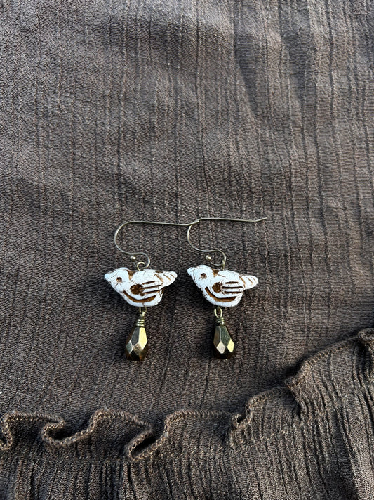 White Rustic Bird Earrings