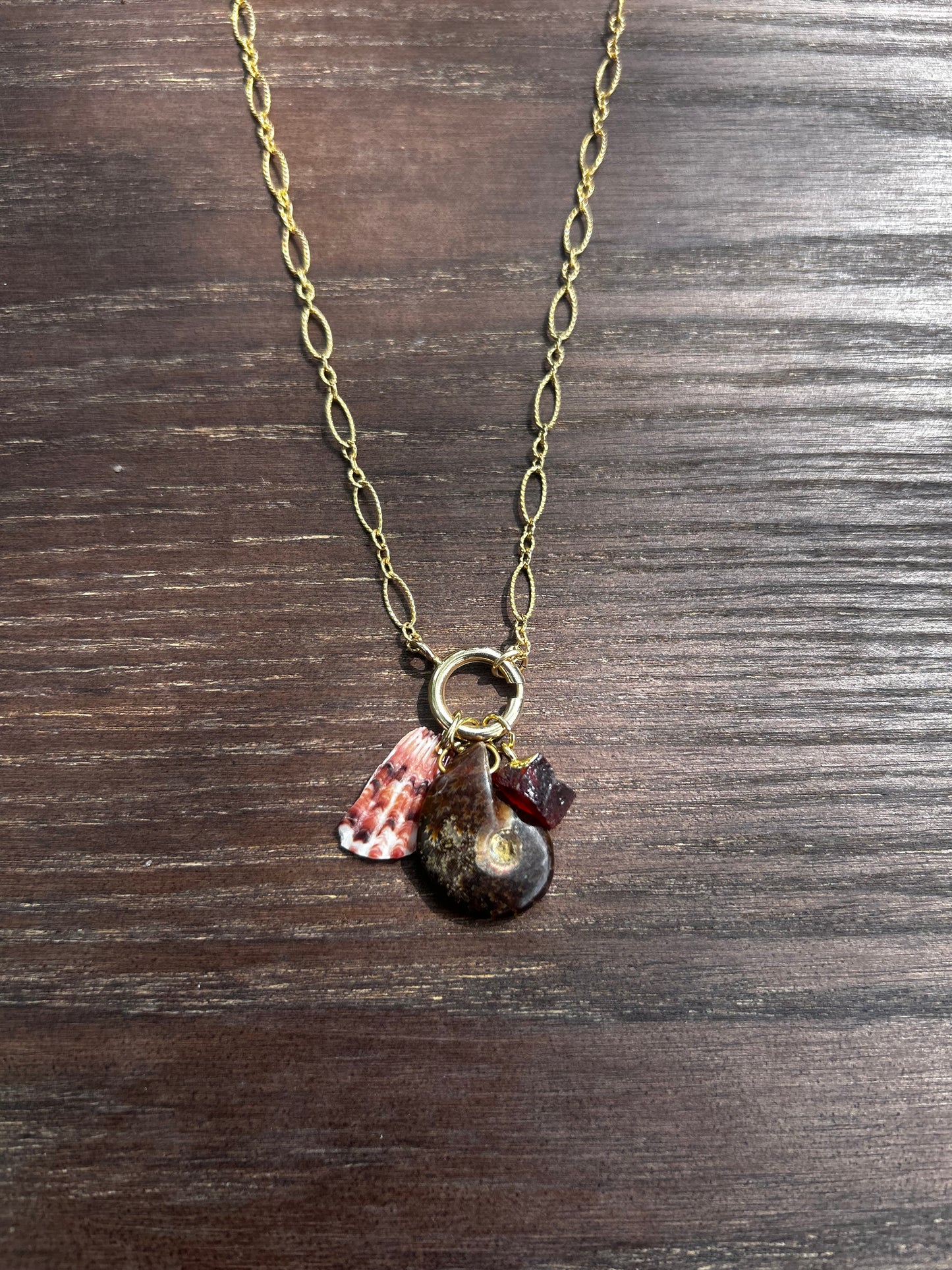 Ammonite, Scallop, and Garnet Charm Necklace