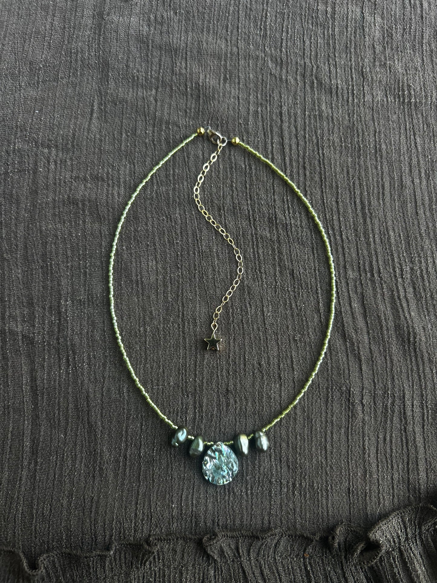 Green Abalone and Pearl Drop Necklace