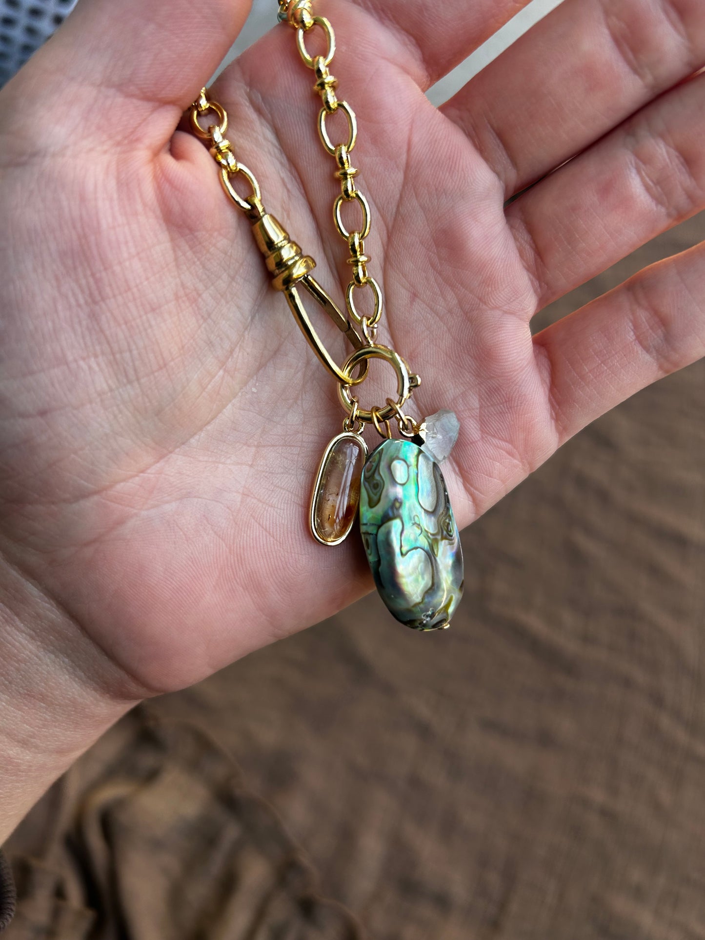 Abalone, Topaz, and Fluorite Charm Necklace