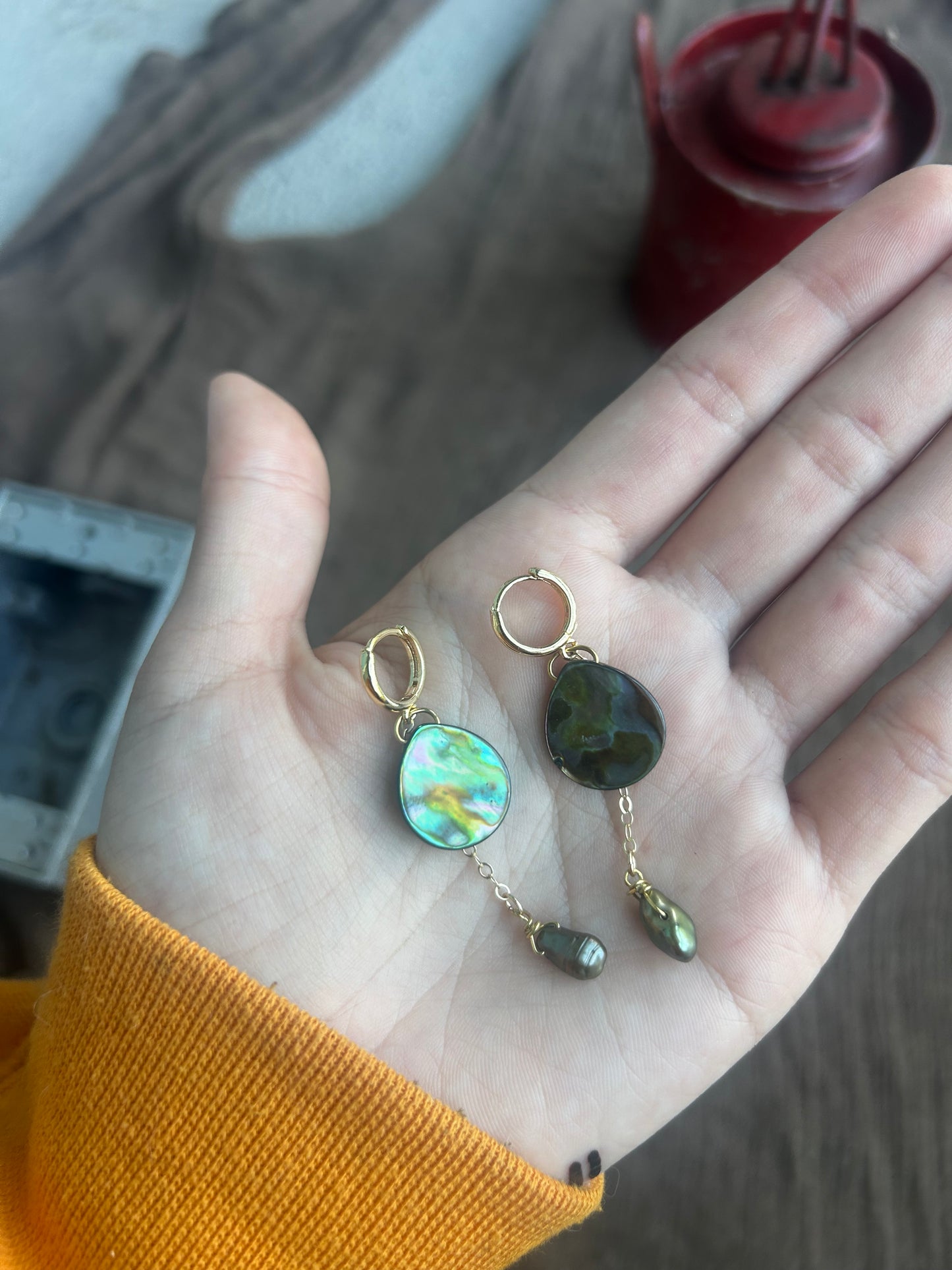 Gold Abalone and Pearl Drop Earrings (1 of 1)