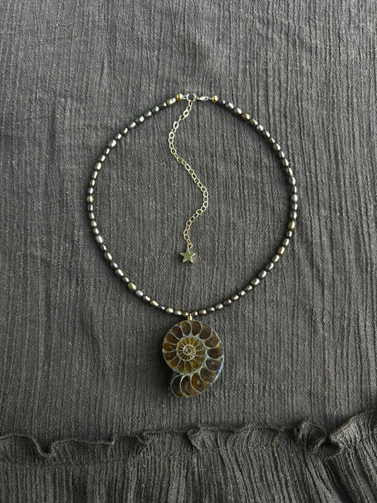 Gold Pearl and Ammonite Necklace (1 of 1)