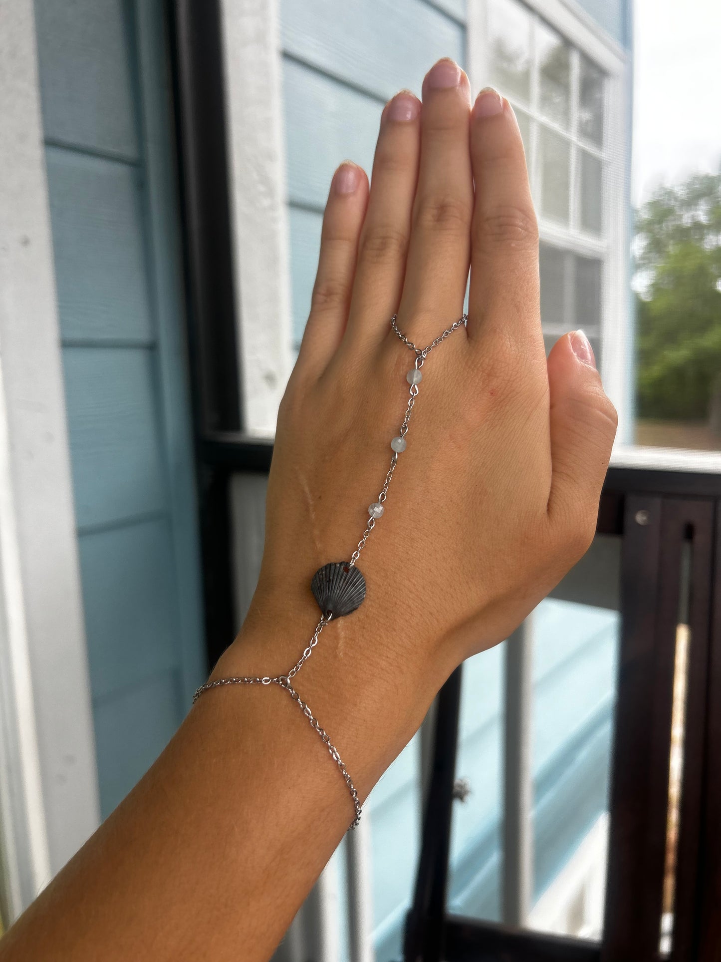 Scallop and Aquamarine Hand Chain