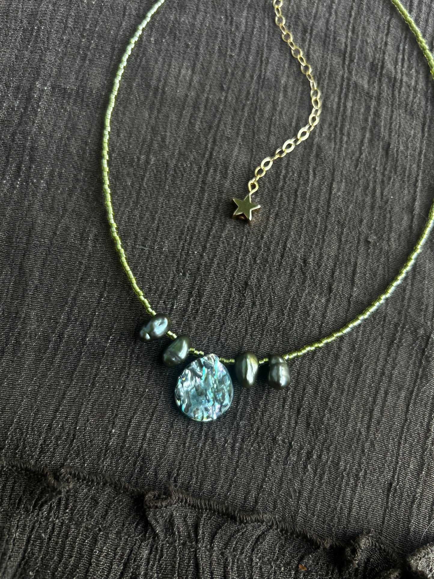 Green Abalone and Pearl Drop Necklace