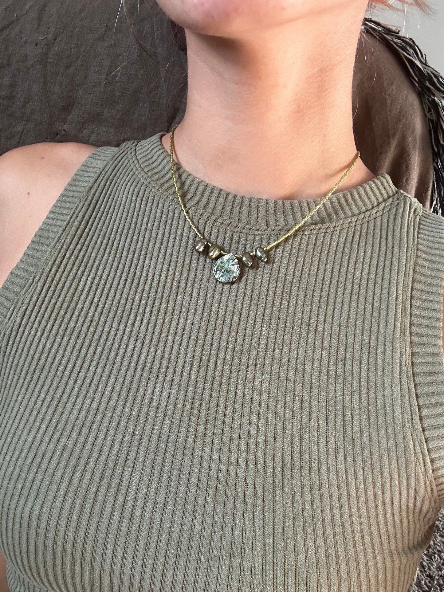 Green Abalone and Pearl Drop Necklace