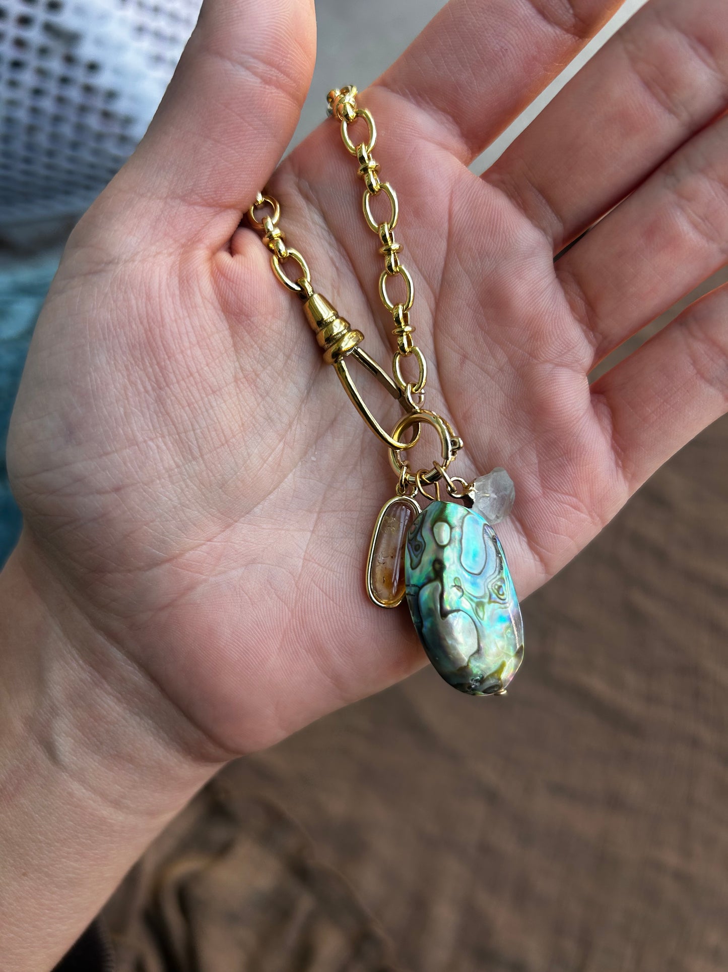 Abalone, Topaz, and Fluorite Charm Necklace