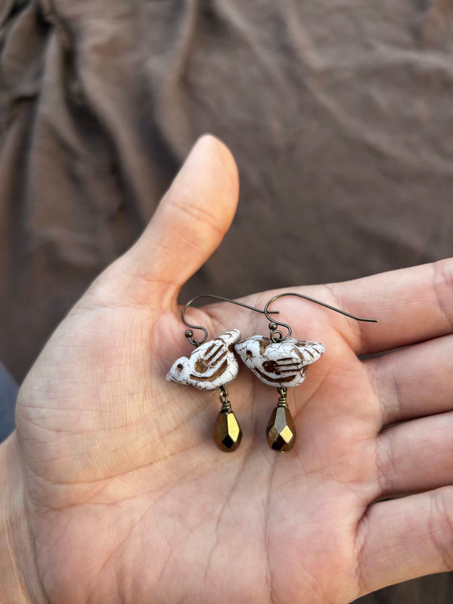 White Rustic Bird Earrings