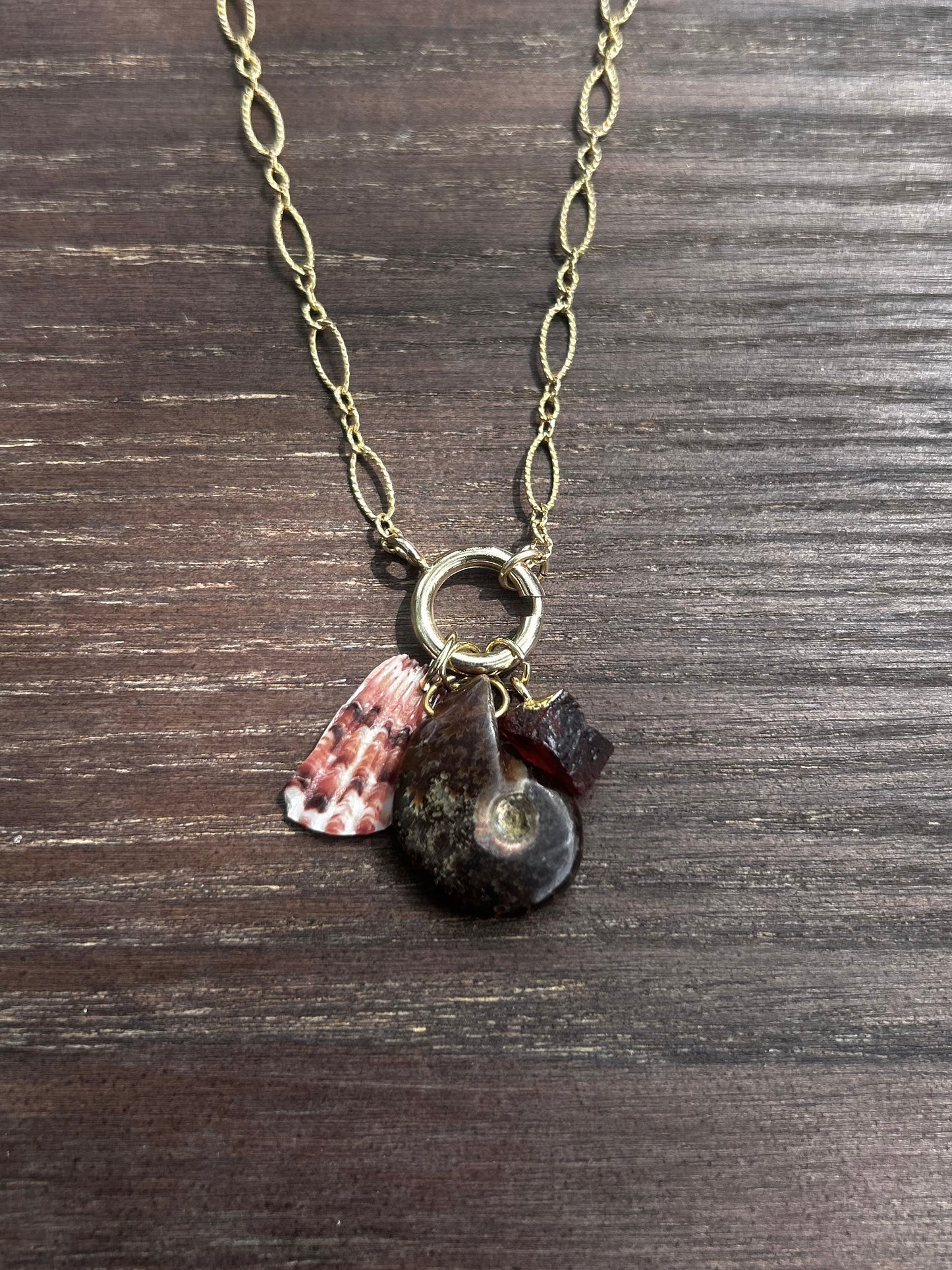 Ammonite, Scallop, and Garnet Charm Necklace